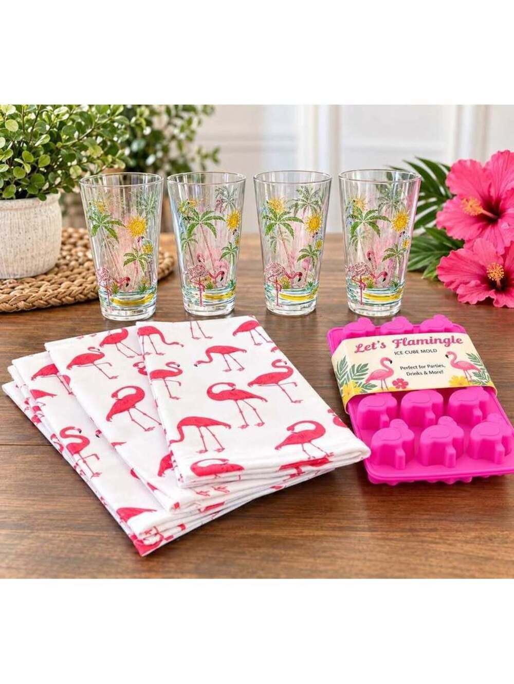 Flamingo Tropical Drinkware & Party Set – 4 Glasses + Towels + Ice Molds